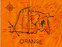 Ink and white-out (compass rose since colored) map of Orange, 2010 -- California Fool’s Gold — Exploring Orange, Orange County’s Plaza City