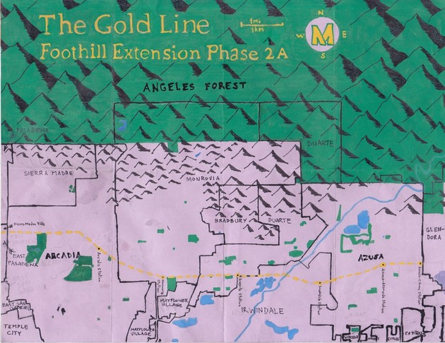 Pendersleigh & Sons Cartography's map of Metro's Gold Line Foothill Extension Phase 2A