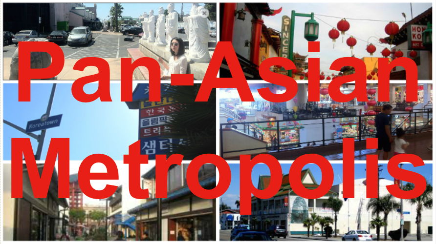 A collage of Asian American sites in Losa Angeles with